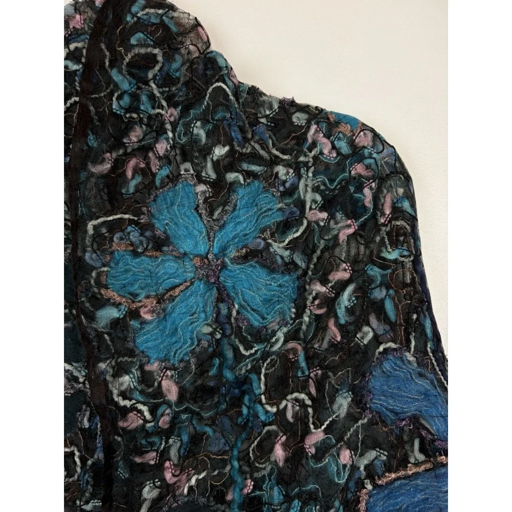 Artisan Silk Scarf Blue Hand Felted India Womens OS Artsy Boho Hippie Rectangle